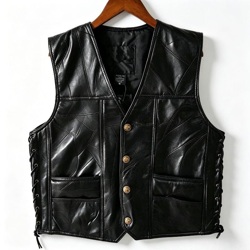 Motorcycle Gear Vest - Men's Black Patchwork Leather Biker Vest,